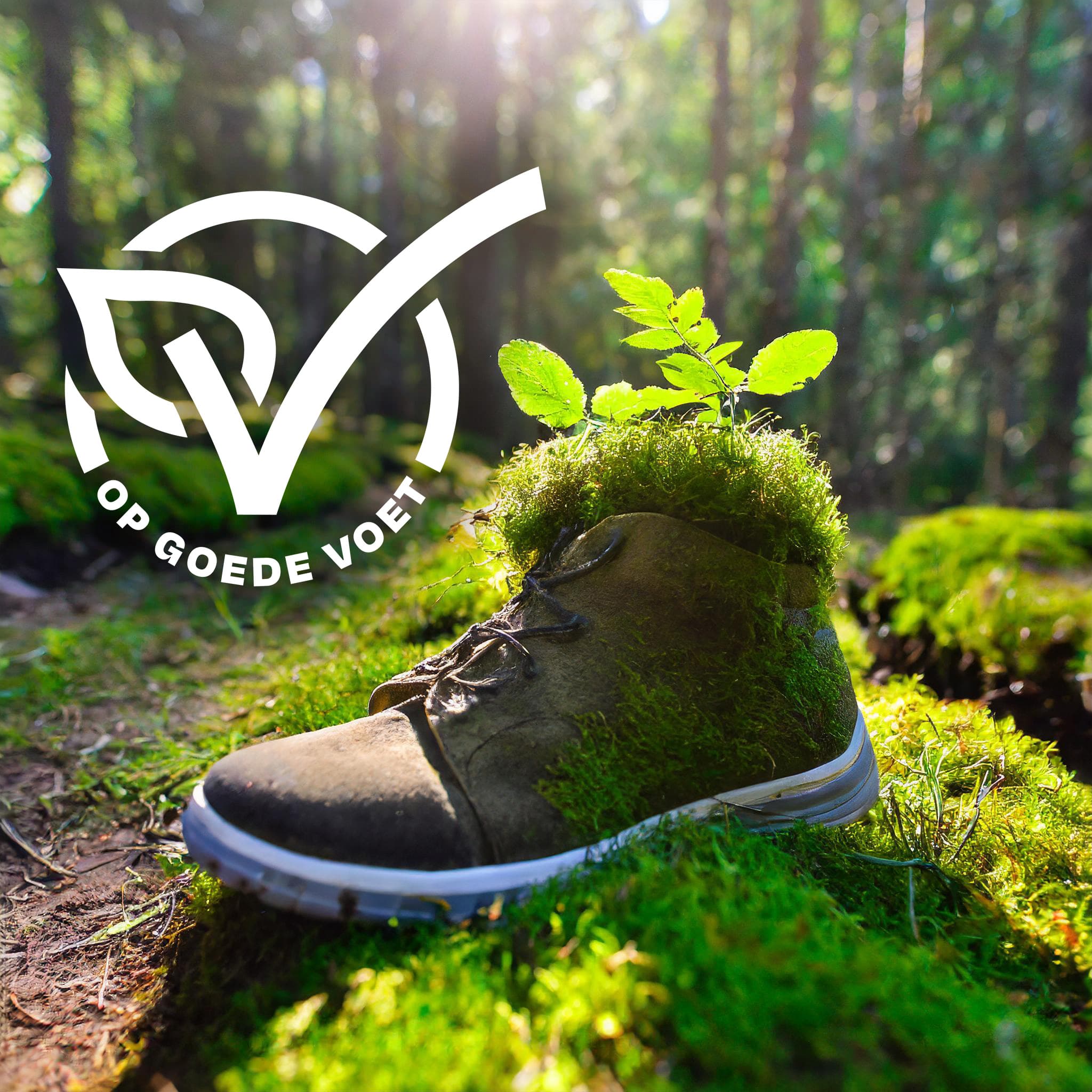 Firefly Een Groen Bos Met Een Ondergrond Van Mos. Een Wandelschoen Waar Een Plantje Uit Groeit2