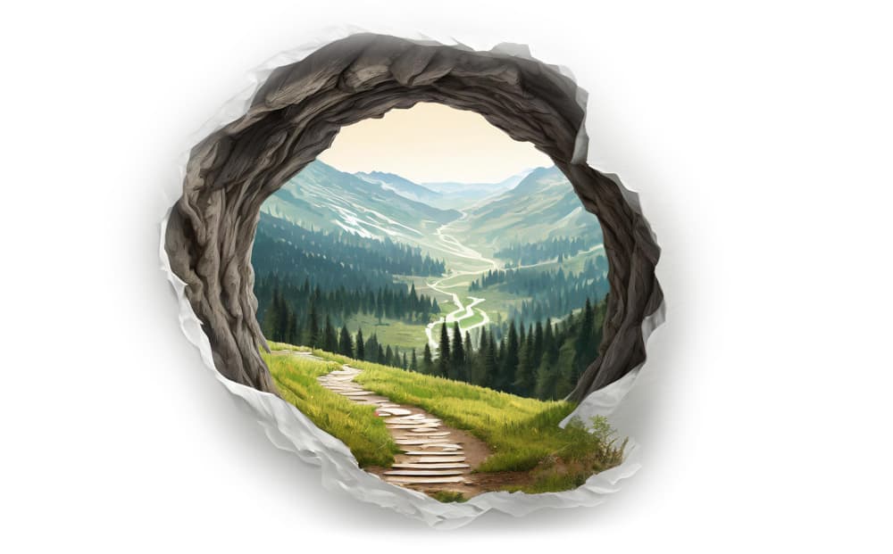 Firefly Een Volledig Wit Blad Papier Met In Het Midden Een Gat Dat Leidt Naar Een Prachtig Wandelpad2